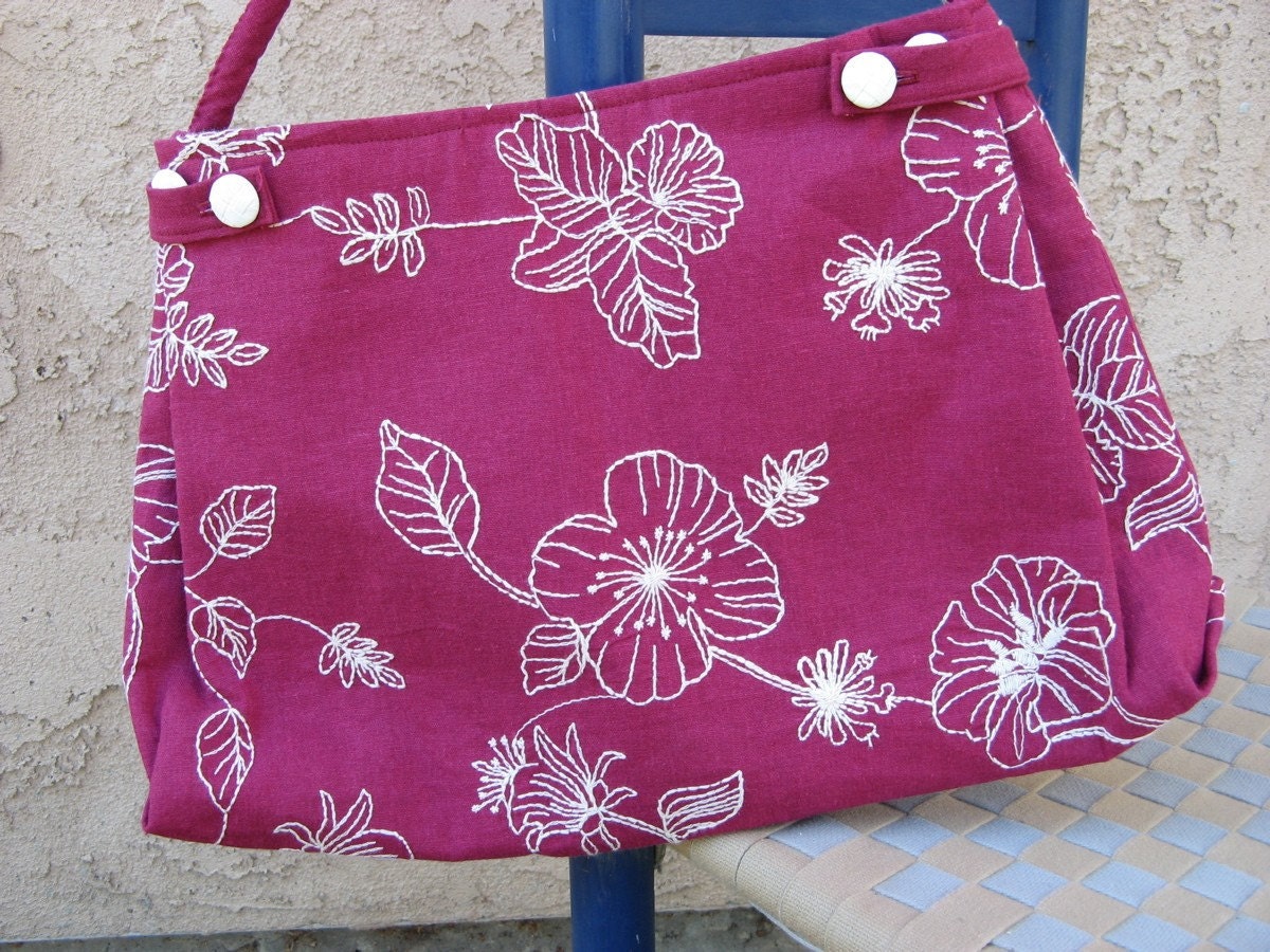SALE Purse - Raspberry pink embroidered linen