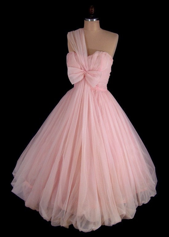 Vintage 1950's 50's Bombshell Pink Chiffon Strapless One-Shoulder Bubble Hem Full Skirt Cocktail Party Prom Dress