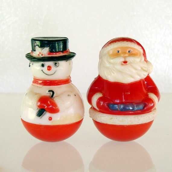 Vintage Roly Poly Hard Plastic Santa Claus & Snowman