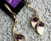 Gold Vermile Twin Calla Lily and Amethyst Swarovski Bicone Bead Earrings Dangle on Fancy Rhinestone French Wires by LauriJon Studio City