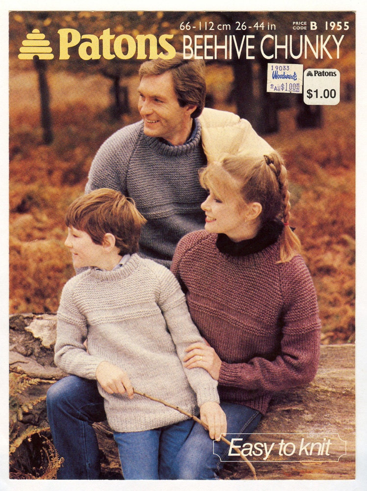 Vintage 1982 sweater knitting pattern - Patons beehive chunky 1955