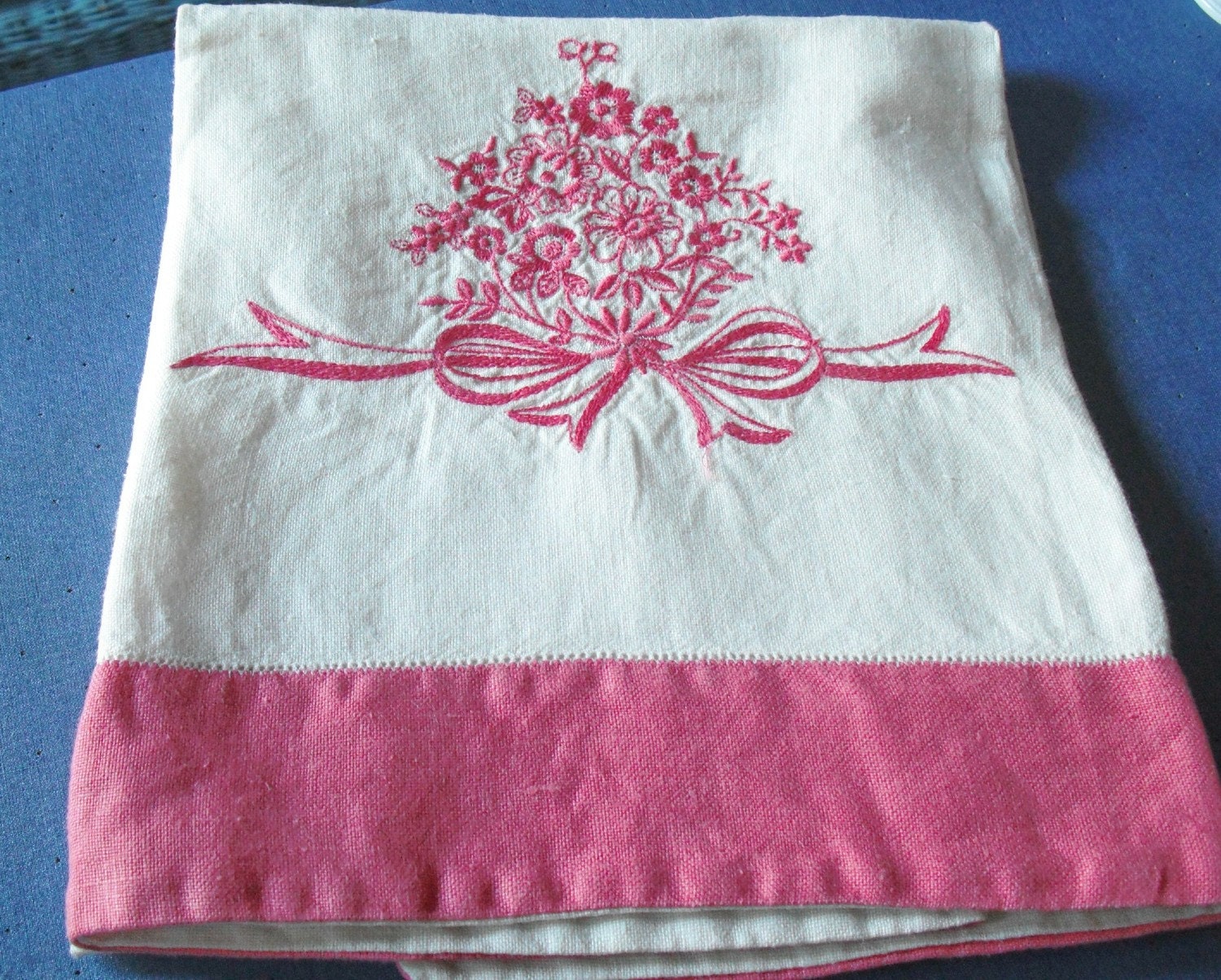 Vintage Large LINEN TOWEL with PINK Hems and Pink Embroidered Bouquet - Size 23 X 40 inches