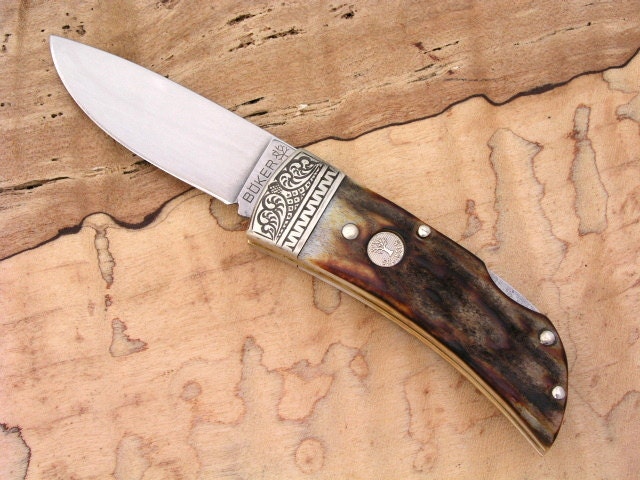 Engraved Boker Tree Brand Stag Lock Blade Pocket Knife