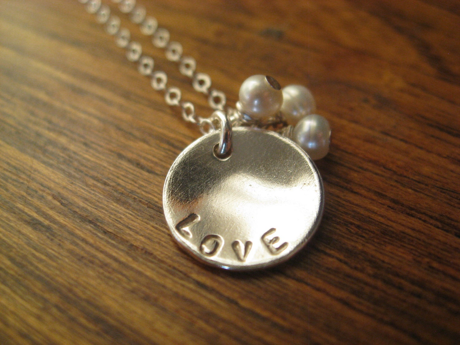 LOVE - sterlling silver personalised love stamped necklace with 3 fresh water pearls
