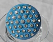 Cocktail button ring. Bright blue. Rhinestones. Repurposed vintage. Adjustable.