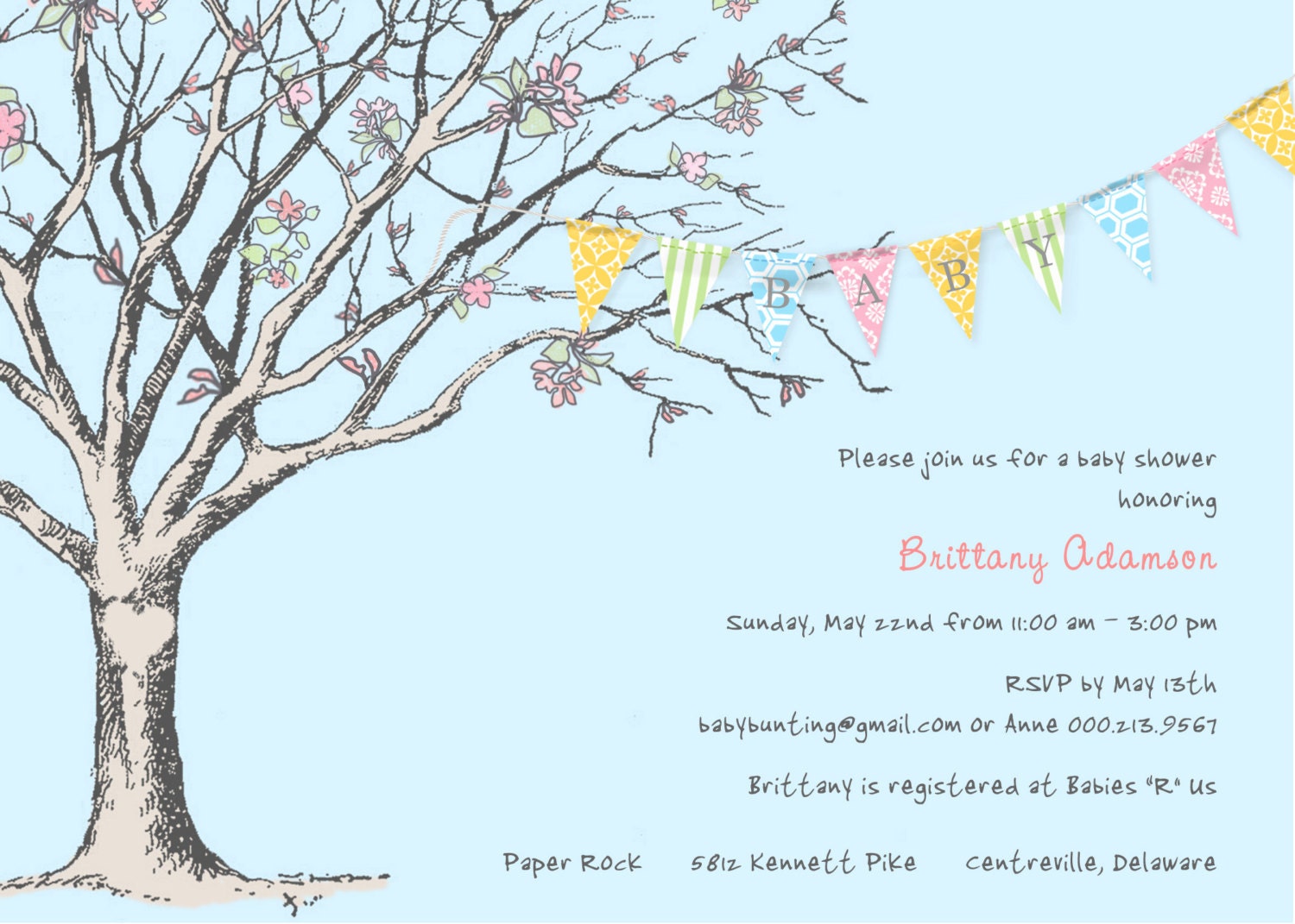 Banner Baby Shower Invitation with Tree in Blue, Pink, Yellow & Green Il_570xn