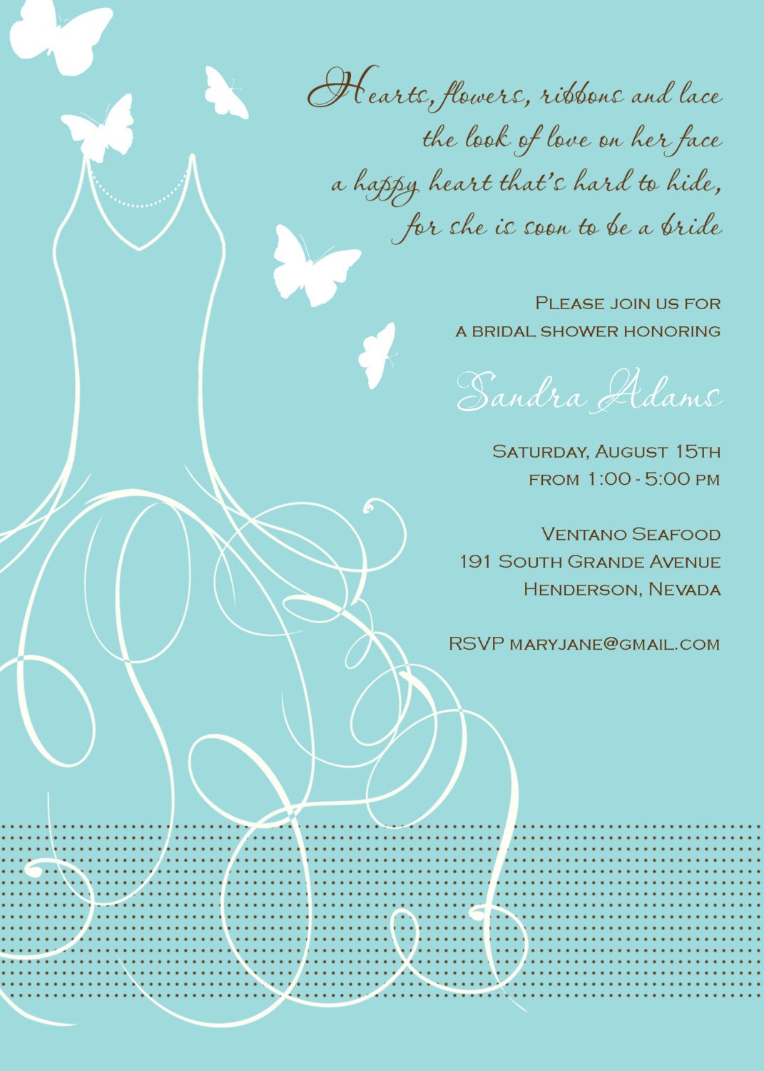 Whimsical Bridal Shower Invitation - Tiffany Gown Flourish Elegant Dress Butterflies Il_570xn