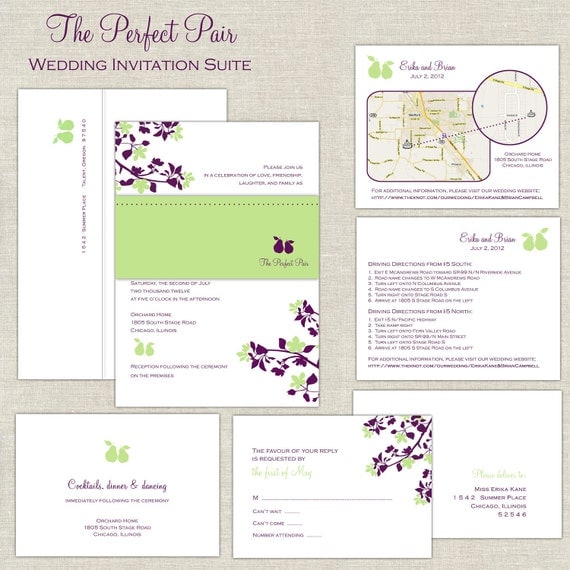 The Perfect Pair Wedding Invitations, Citrus Lime Green & Eggplant Purple Wedding Invitation, Wedding Invites, Belly Band, Orchard, Pear Il_570xn