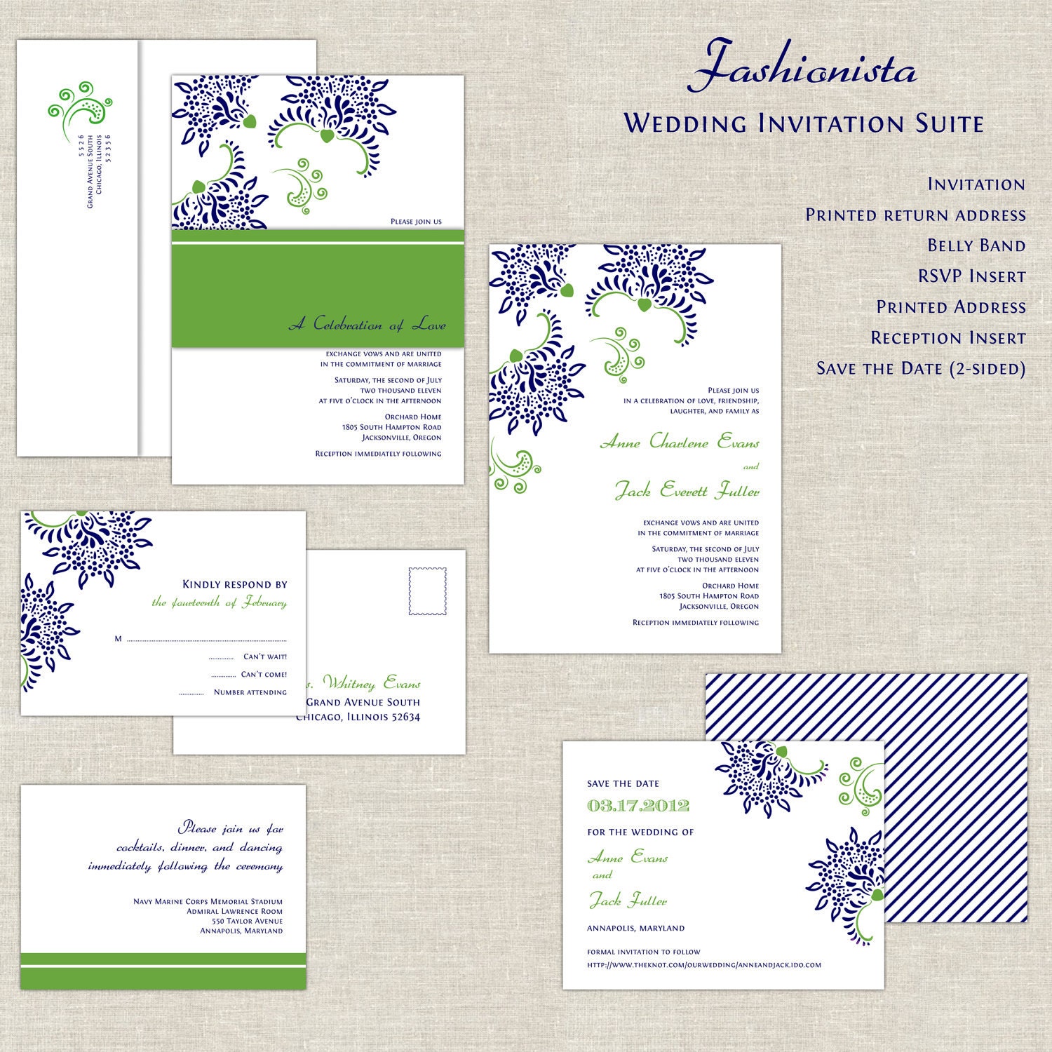 Navy Blue & Kelly Green Wedding Invitations, Bold Wedding Invitation, Wedding Invites, Modern Flowers, Paisley, St. Patrick's Day, Irish Il_570xn