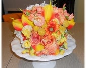 SUPER SALE. Orange, Peach, and Yellow Rose, Calla Lilly and Sweet Pea Bouquet