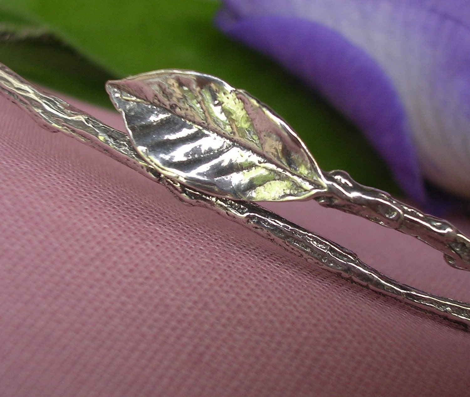 rose leaf and twig bangle bracelet sterling silver twig bracelet medium/large size