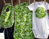 Minky Bib and Burp Cloth - Green Frog  READY TO SHIP