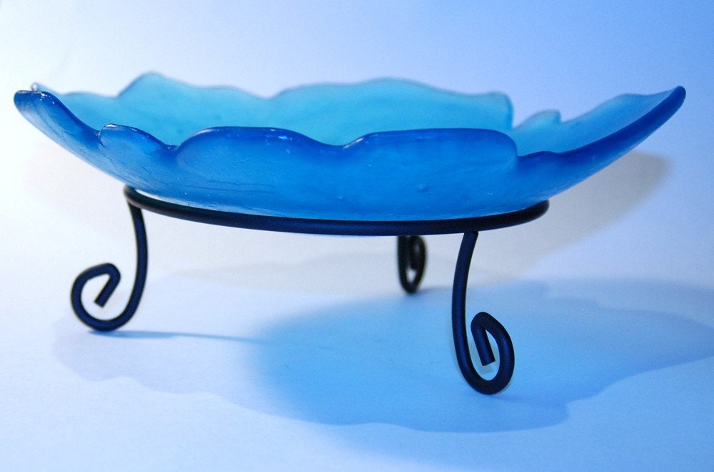 Blue Glass Bowl Ocean Beach Glass  - Recycled Sapphire Gin Bottles Natural Edge