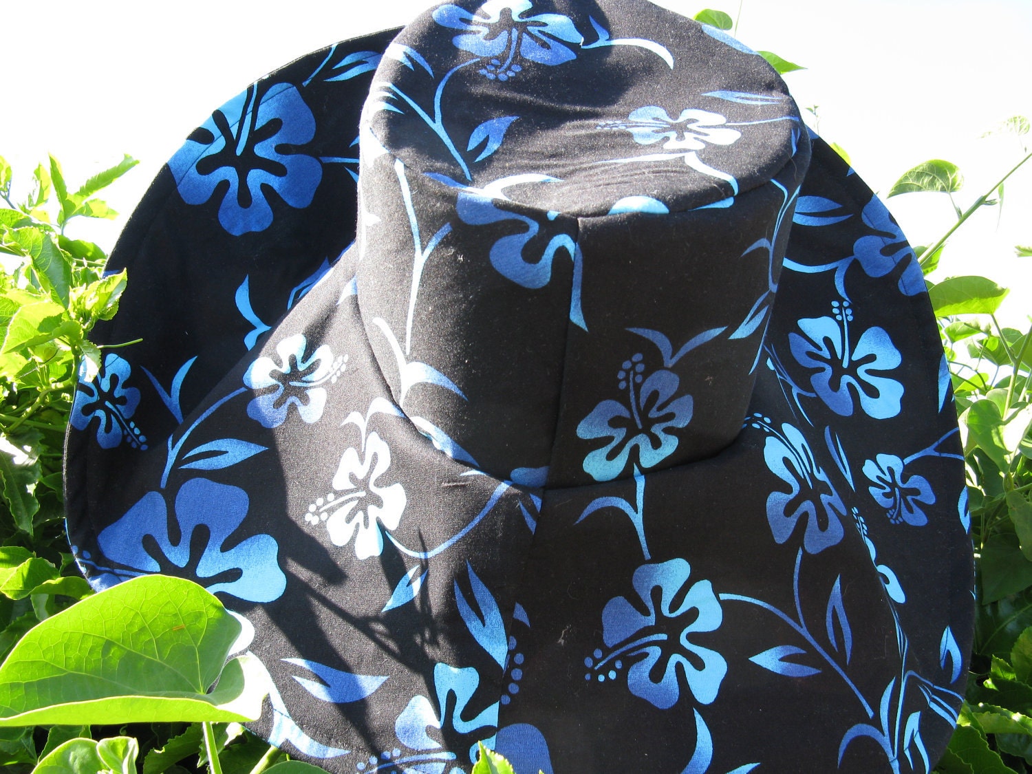 Black with Blue Hibiscus Flower Wide Brim Sun Hat