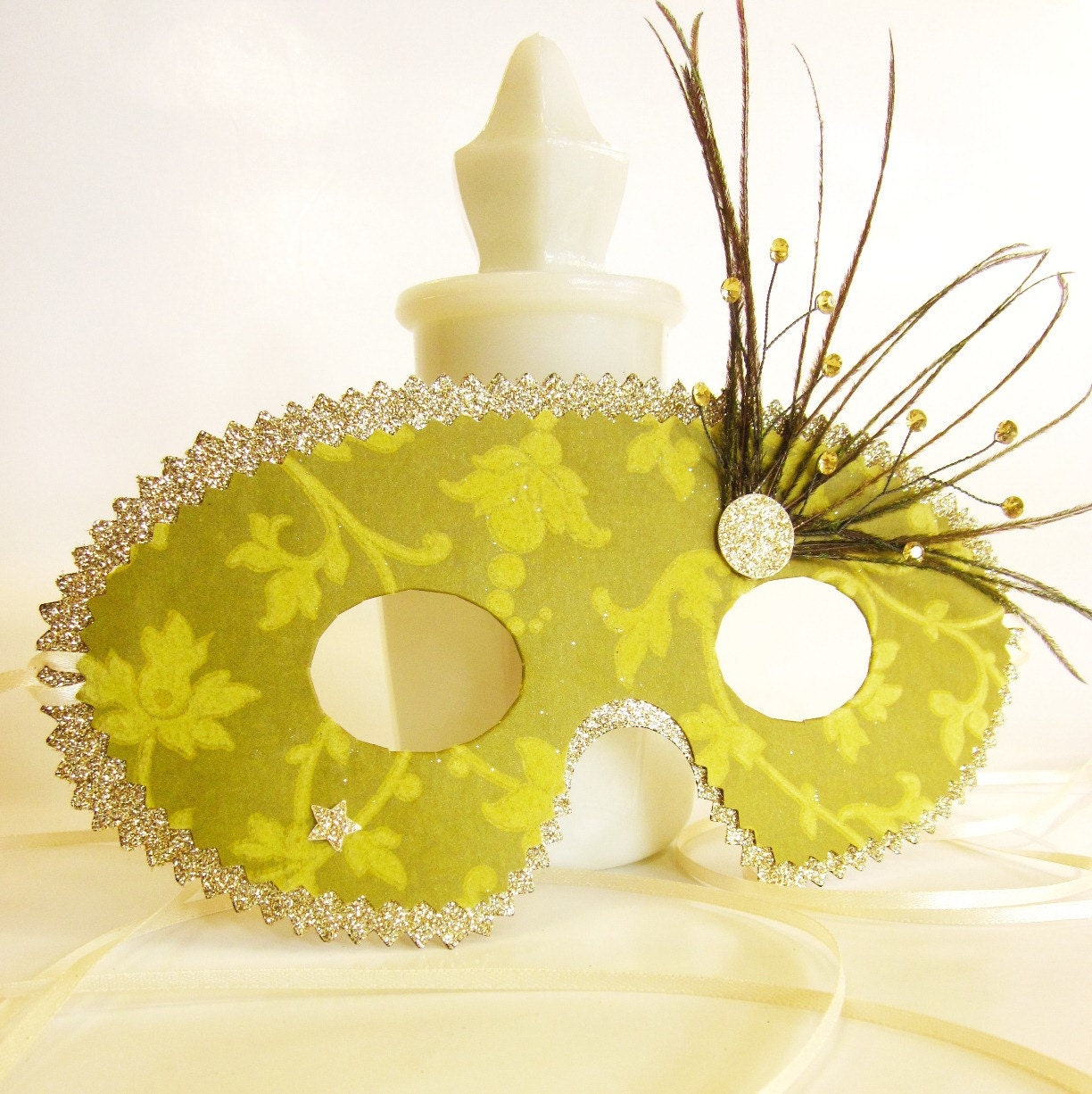 Gold & Green Velvet Flocked Paper Masquerade Mask with Peacock Feathers and Rhinestone Embellishments, Decoration or Party Favor
