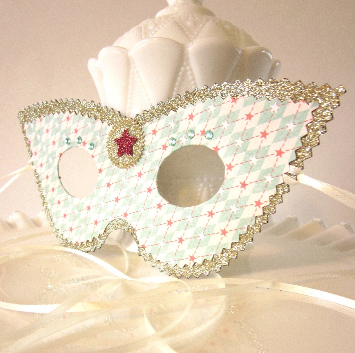 Cats Eye Shaped Masquerade Mask - Retro Circus Inspired Gold, Teal and Red Star