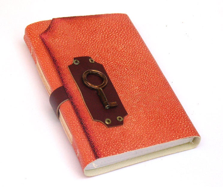 Art Journal Notebook - Orange Leather Journal Blank - Leather Diary - "Magic Key"