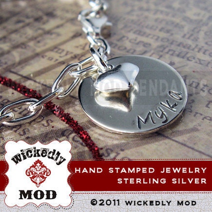 Charm Bracelet - Hand Stamped Bracelet - Personalized Bracelet - SHANA 1Disc w sterling puffy heart mommy bracelet