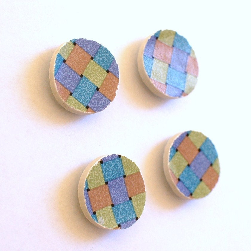 Magnets - Broken Plate - Recycled China - Colorful - Basket Weave Pattern - Set of 4