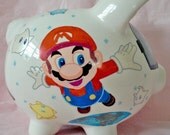 Personalized kids piggy bank - design Super Mario Bross in the space