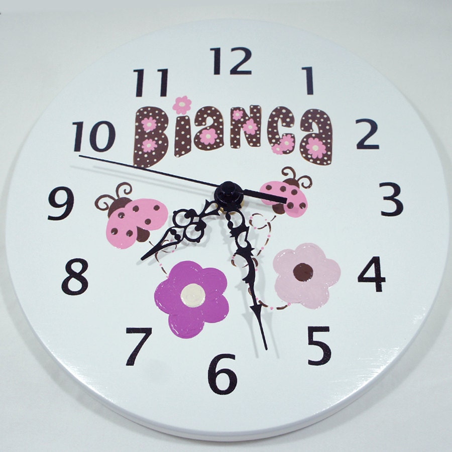 Wood Kids Wall Clock Pink Ladybug