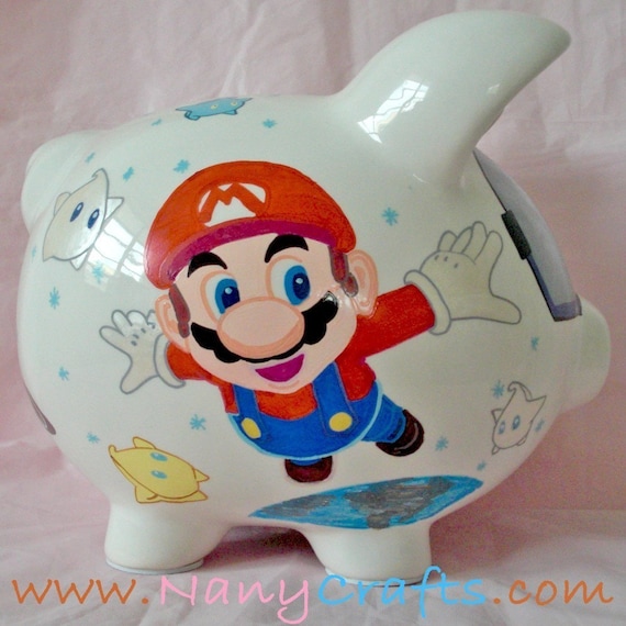 Personalized kids piggy bank design Super Mario by NanyCrafts