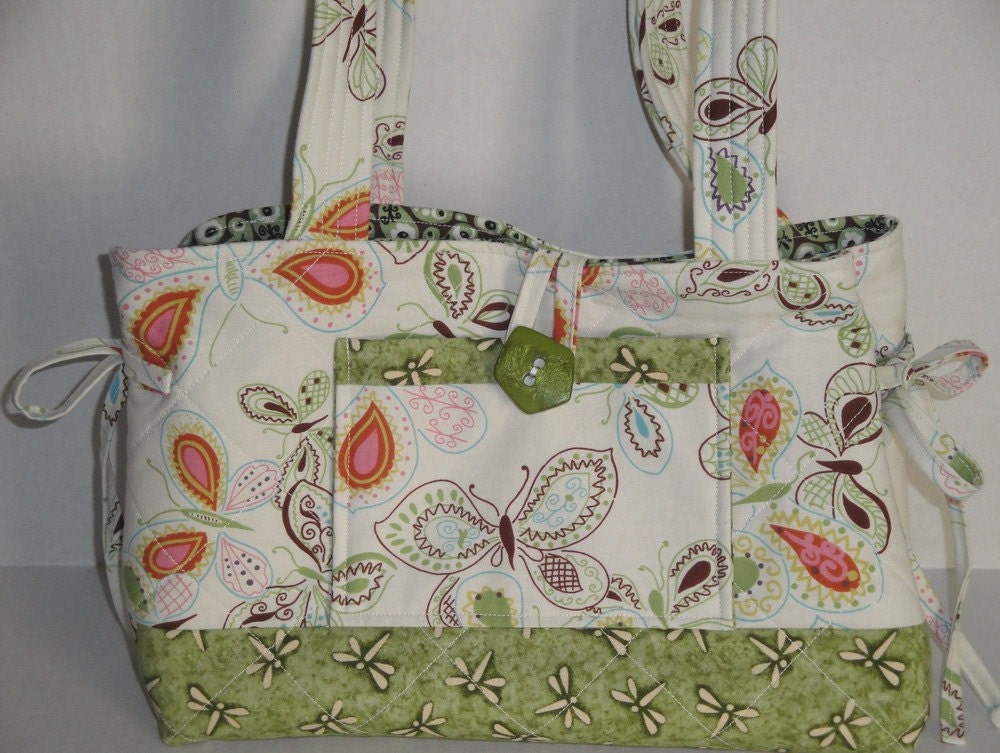 Clearance Handbag with Butterflies in Green and White