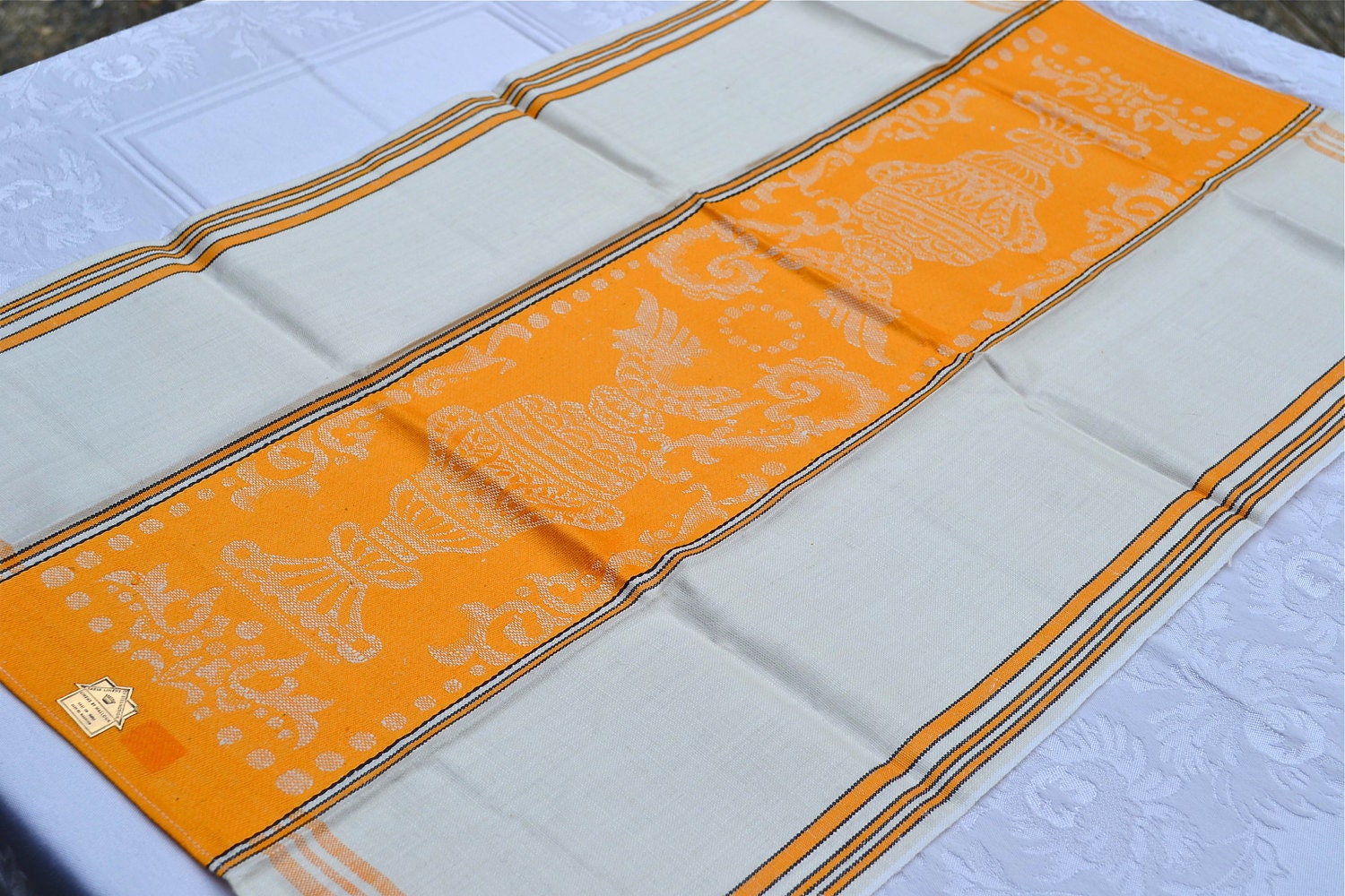 Vintage Linen Kitchen Dishtowel - Garden Urn Yellow Stripe - NOS