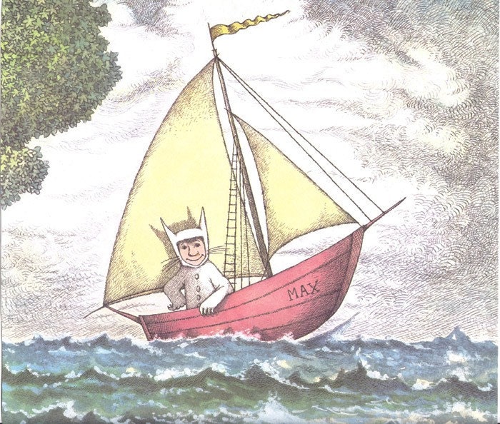 Vintage book page Max in boat Where the Wild Things Are by Maurice Sendak - Free U.S. shipping