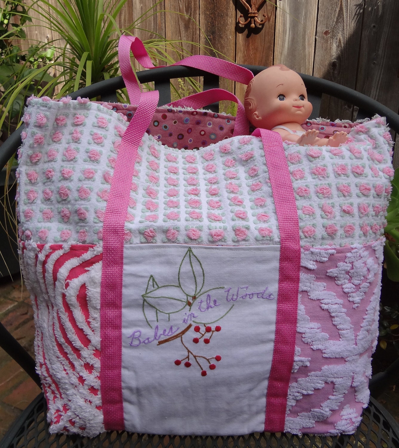 Vintage Embroidered  Linen  "Babes in the Woods" Diaper Bag