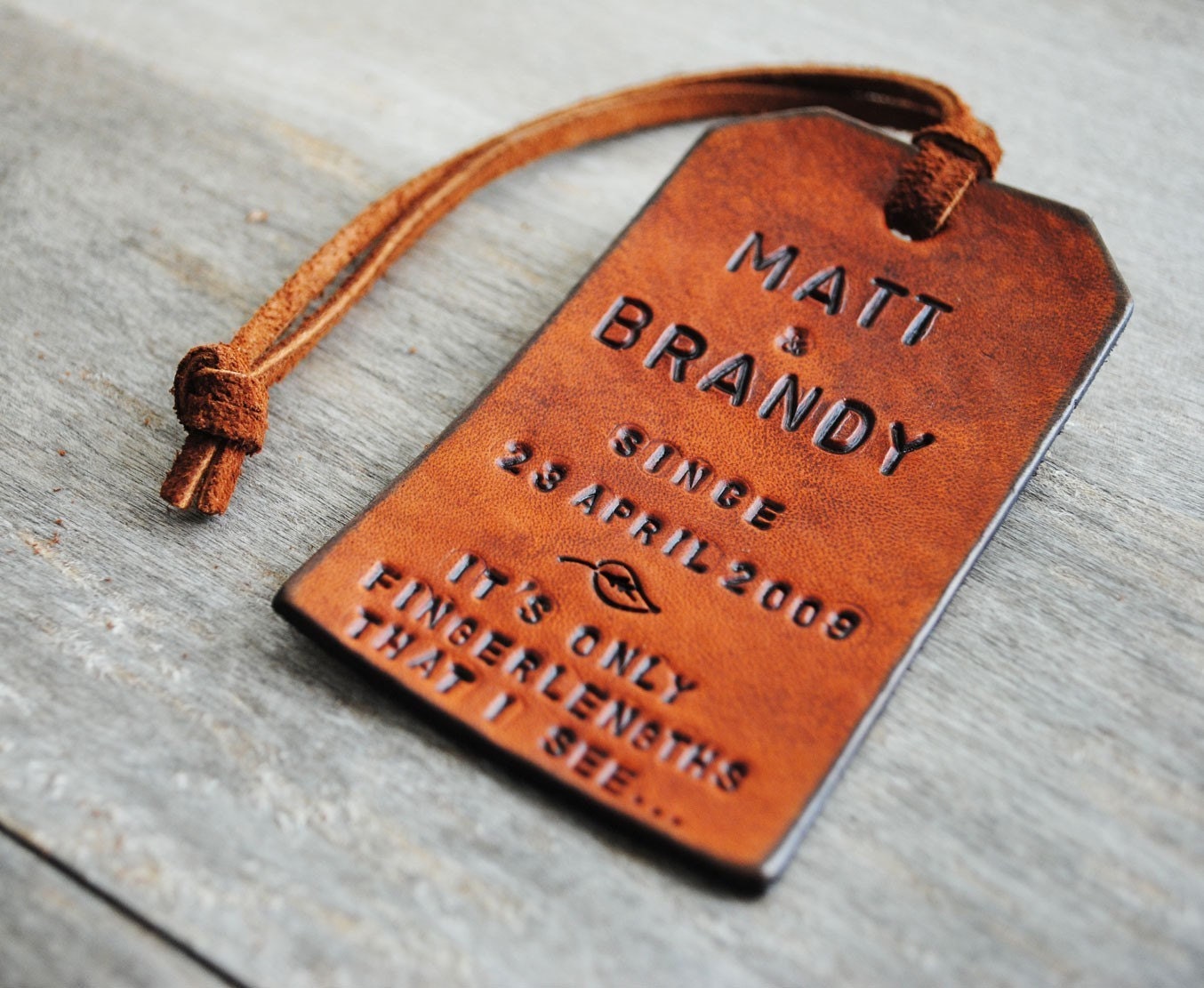 Single Custom Vertical Leather Luggage Tag. Stamped with Your Name, Phrase, Verse. Gift for wedding, birthday, thank you, congrats.