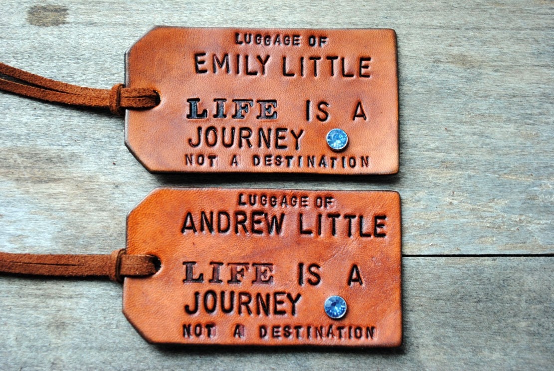 2 Custom Leather Luggage Tags - LIFE is a JOURNEY - Personalize with your names
