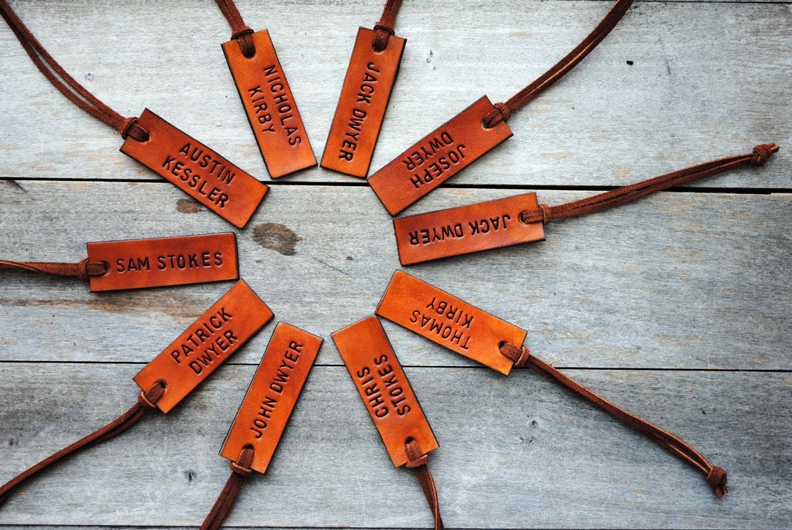 10 Leather ID Luggage Tags. Custom, Hand Stamped. Perfect Inexpensive Gift or Favor for Family, Coworkers, Friends, Wedding Party.