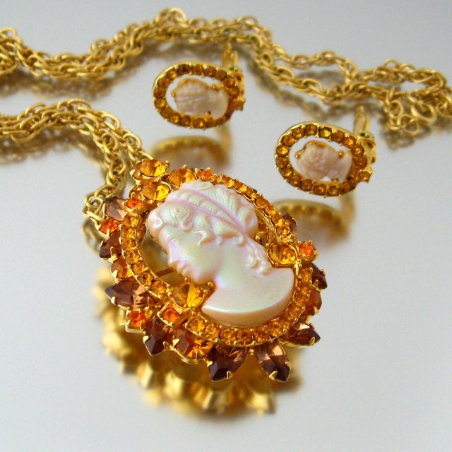 RESERVED : JULIANA Cameo Brooch / Pendant Earrings Set D&E Rhinestone Necklace 1960s Vintage Jewelry