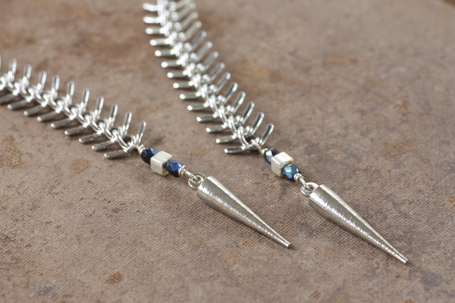 Backbone Earrings - Rhodium Spike and Fish Bone Chain Earrings - Fish Spine Chain - Tribal, Chevron by Prairieoats