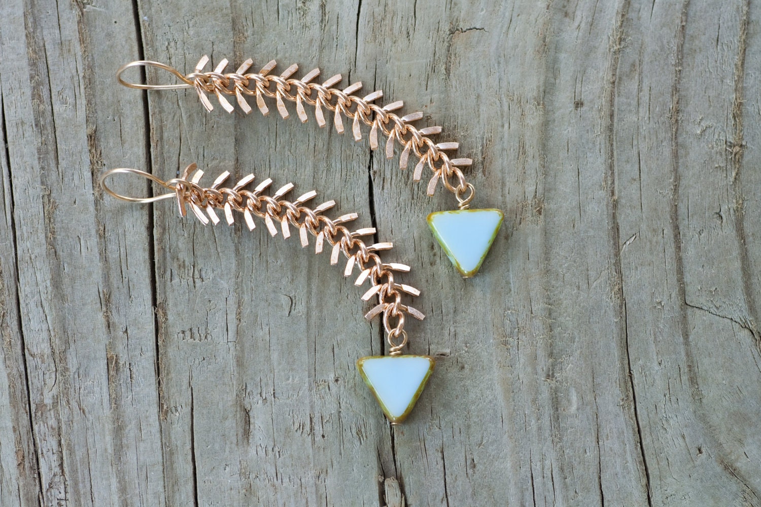 The Fisherman's Daughter - Triangle and Fish Spine Chain Drop Earrings, Tribal, Chevron, Fish Bone Chain by Prairieoats