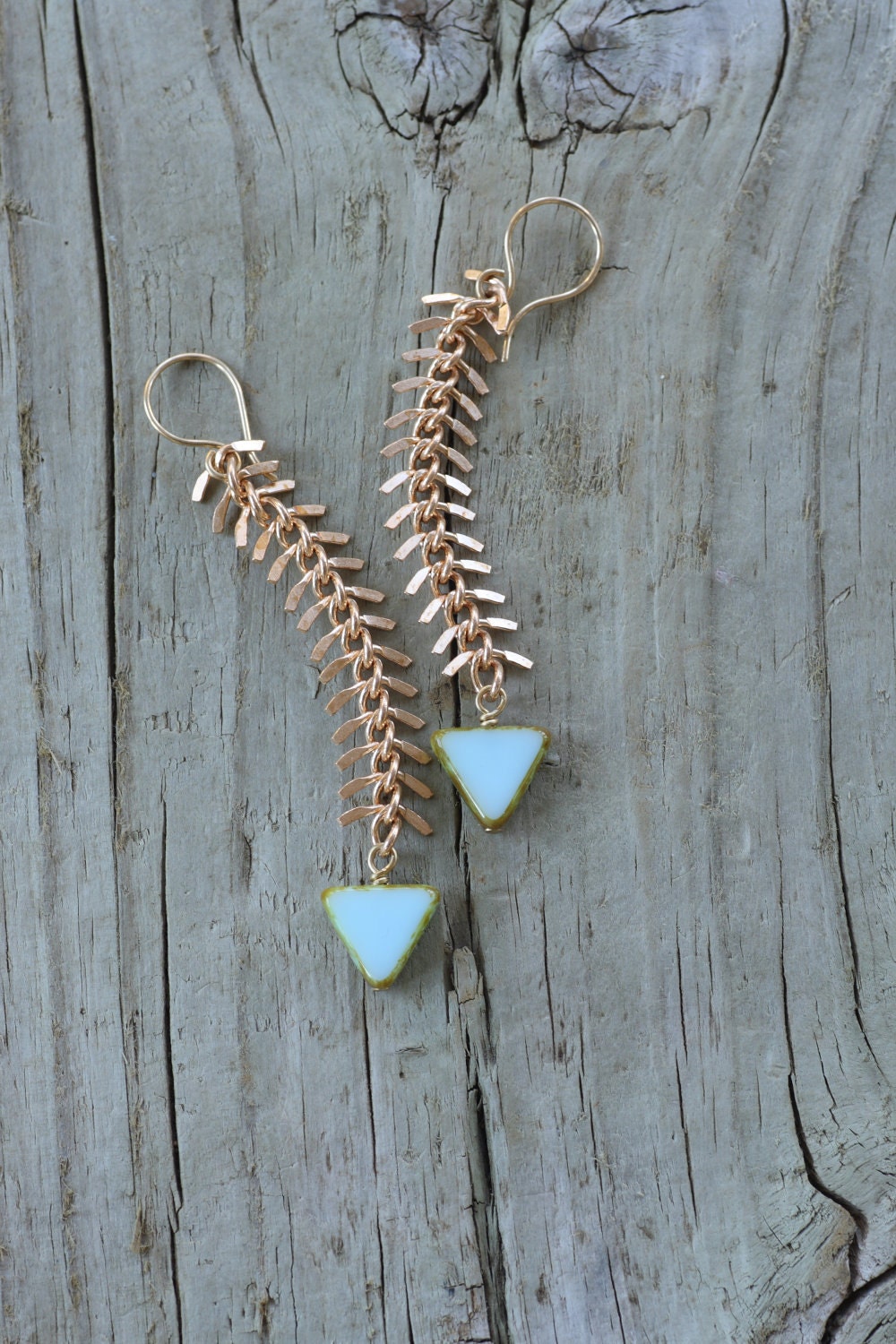 The Fisherman's Daughter - Triangle and Fish Spine Chain Drop Earrings, Tribal, Chevron, Fish Bone Chain by Prairieoats