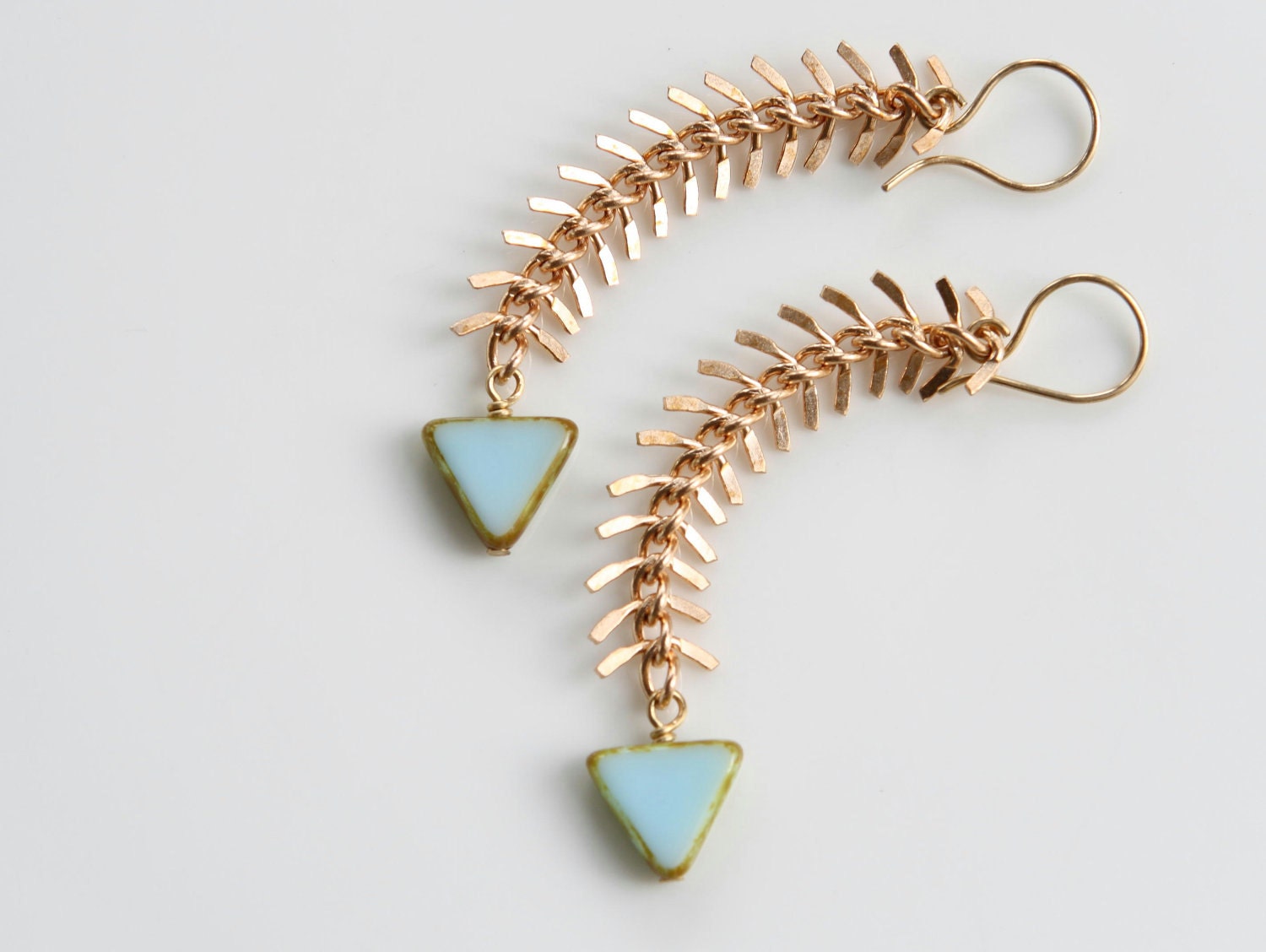 The Fisherman's Daughter - Triangle and Fish Spine Chain Drop Earrings, Tribal, Chevron, Fish Bone Chain by Prairieoats