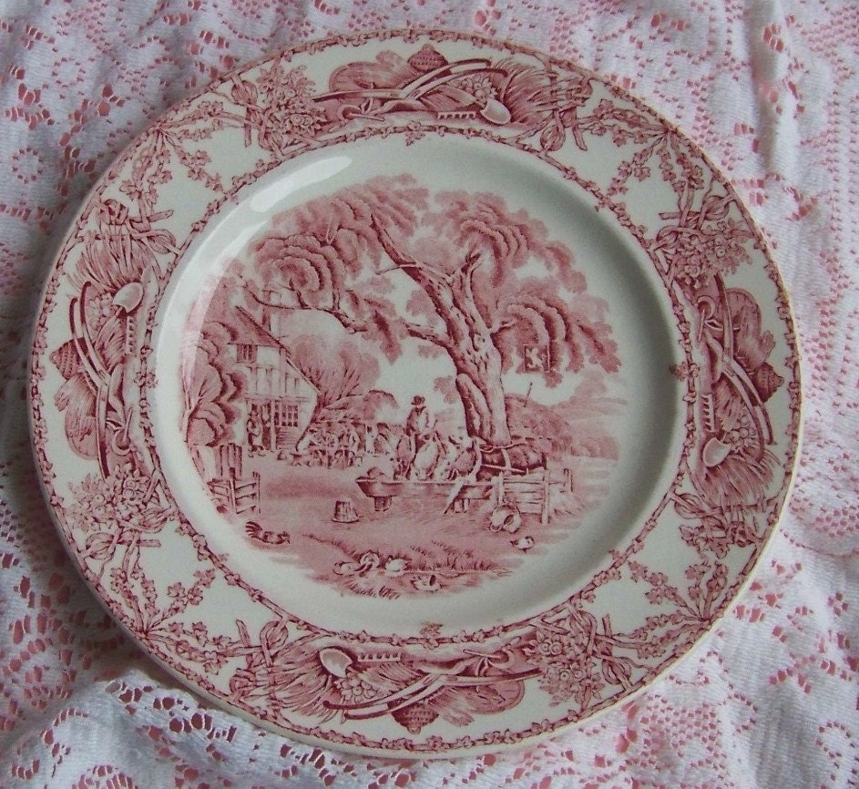 Vintage Clarice Cliff Red and White Rural Scenes Royal Staffordshire Dinnerware Plate