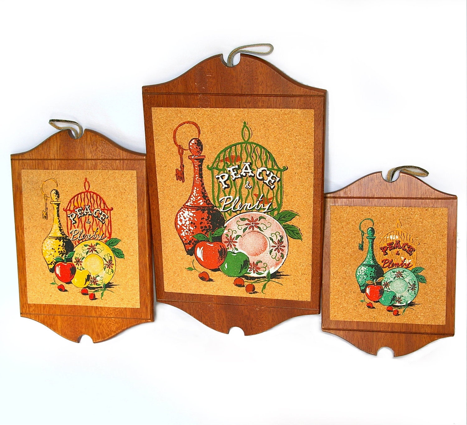 Set of 3 Kitsch Still Life Cork and Wood Trivets