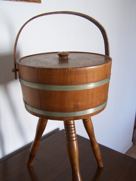 Vintage Round Wood Sewing Box With Turned Legs by MargaretsPlace