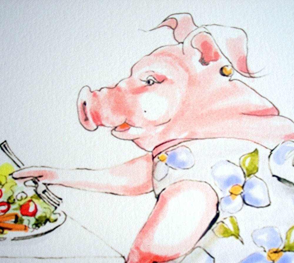 Piggy Art Original Print, Vegetarian, Fashion Dining