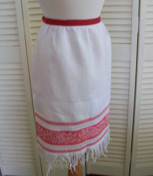 Vintage Red Work Towel Upcycled Half Apron Self Fringed