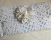 Bridal Clutch Brides Envelope Purse Repurposed Vintage White Crocheted Doily Flower Trim