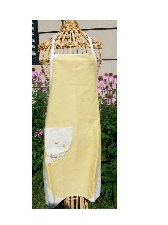 Eco Friendly Apron Re Purposed Yellow Vintage Linen Tablecloth Retro