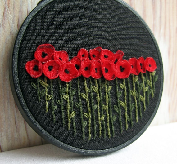 Hand Embroidered Red Poppies Wall Decor