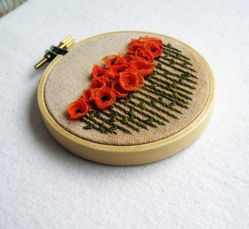 Orange Poppies Hand Embroidered Wall Decoration
