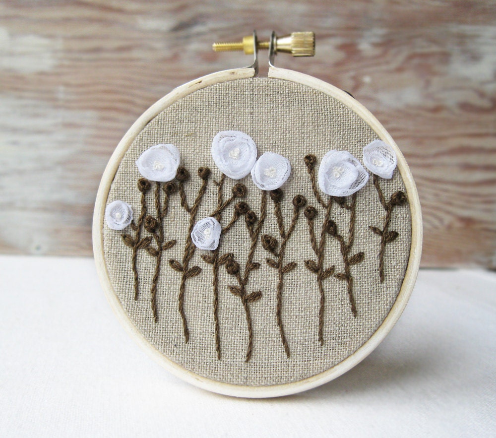 Hand Embroidered Wall Hanging - White Flowers on Natural Linen