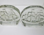 Vintage SOLID GLASS Clipper Ship Bookends