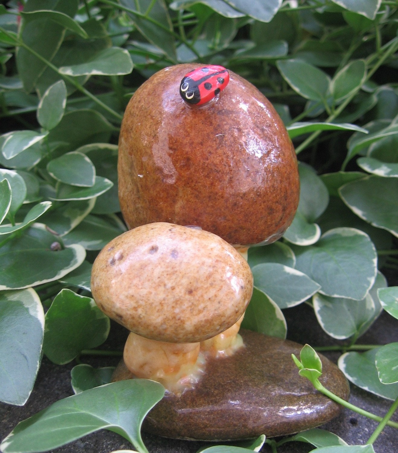 Vintage 1970's Real Rock Mushroom Sculpture with Lady Bug